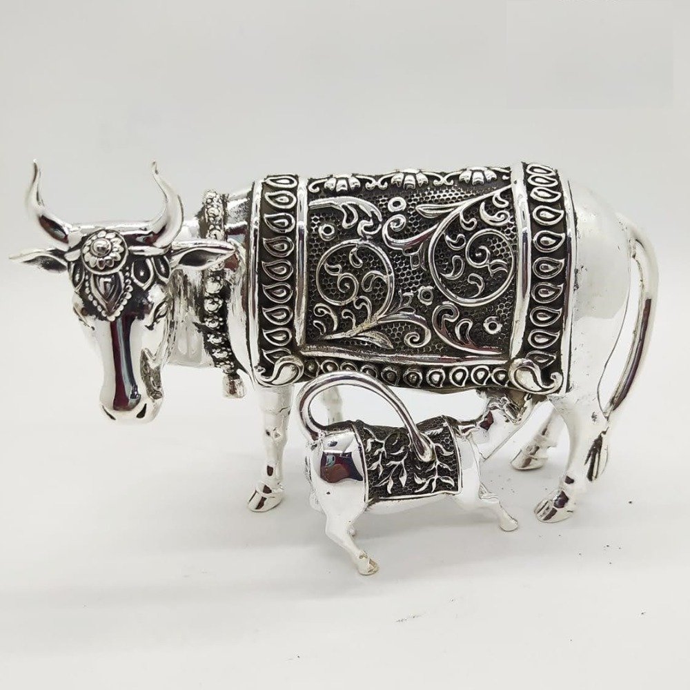 925 Pure Silver Cow & Calf In Antique Carvings PO-174-59