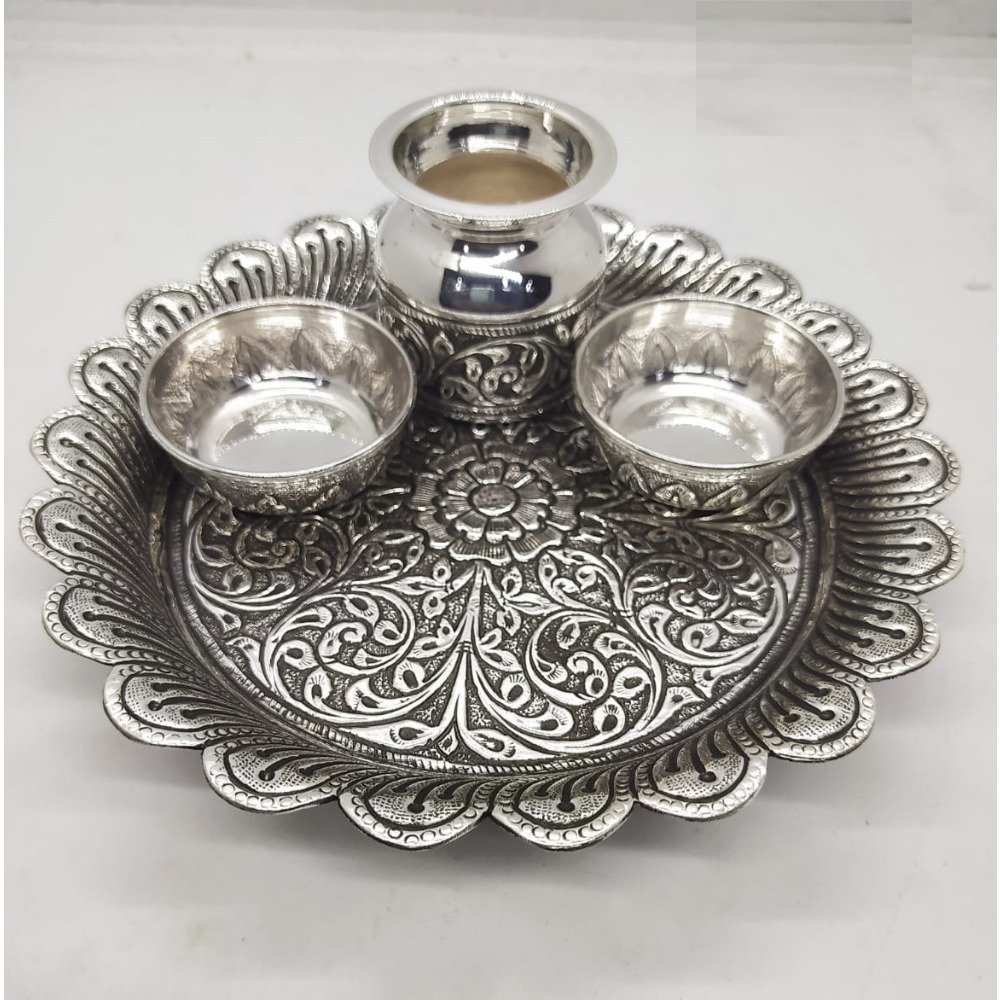 floral base pure silver antique pooja thali set by puran