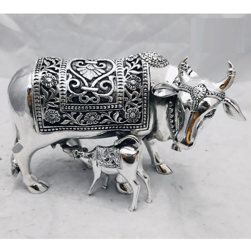 Pure silver cow & calf in antique carvings po-174-30