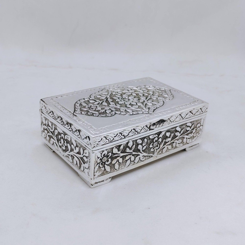 Hallmarked silver box for gifting in antique floral carvings by puran
