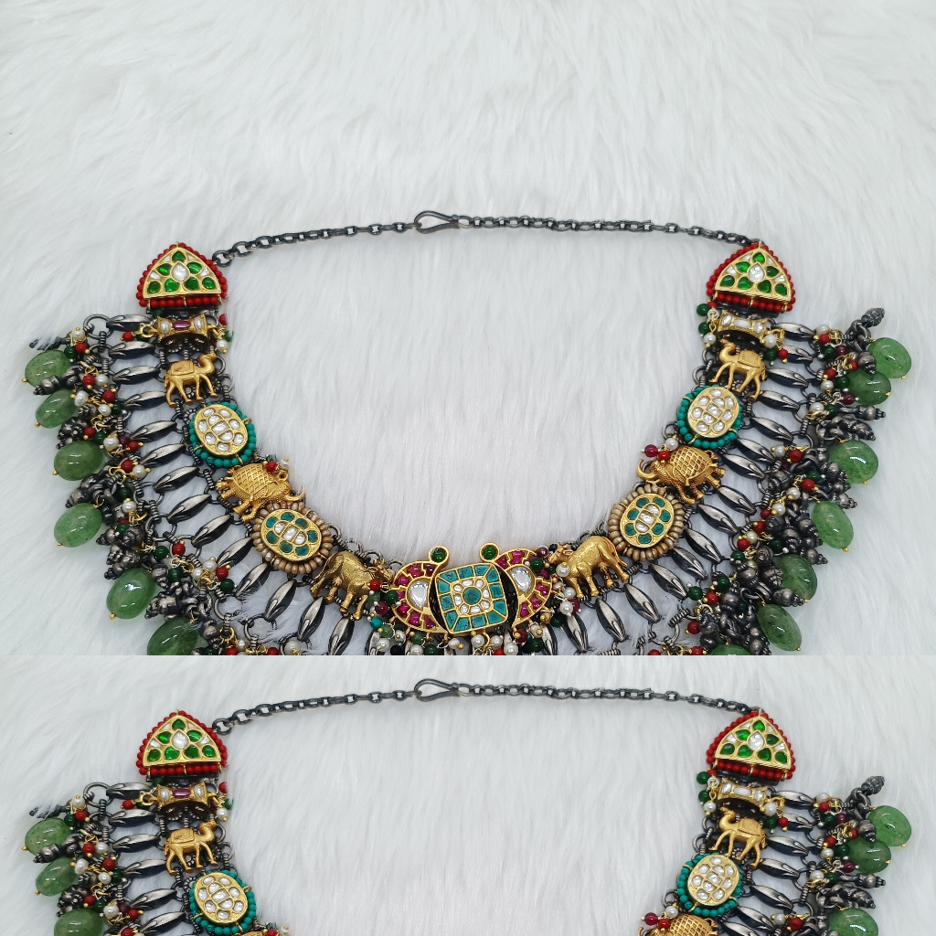 Nakhra necklace in vintage silver with gems stone multi colour