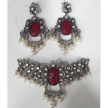 925 pure silver necklace with carved ruby and kund... by 