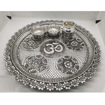 floral motifs carving pooja thali set in real silv... by 