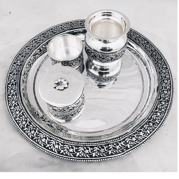 925 pure silver antique pooja thali set work pO-26... by 