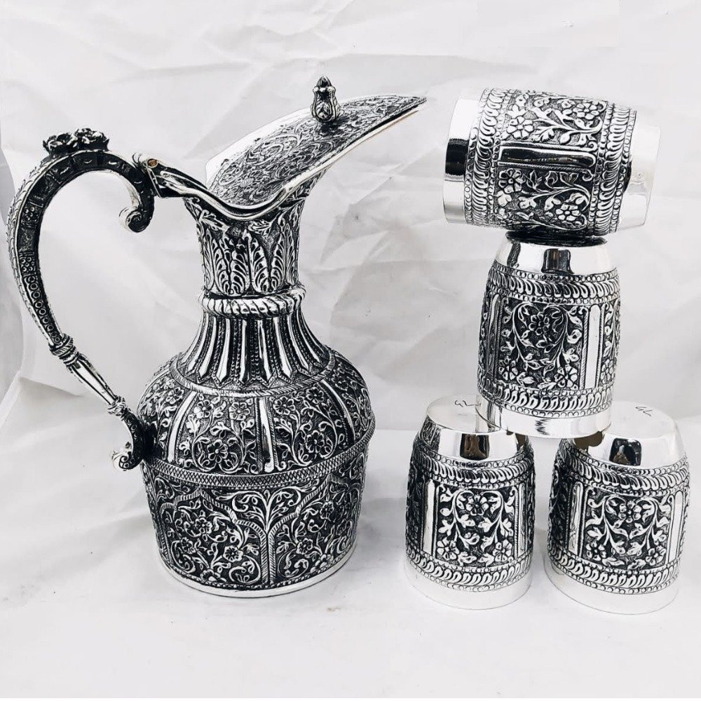 925 pure silver stylish jug glasses set in deep carvings po-247-15