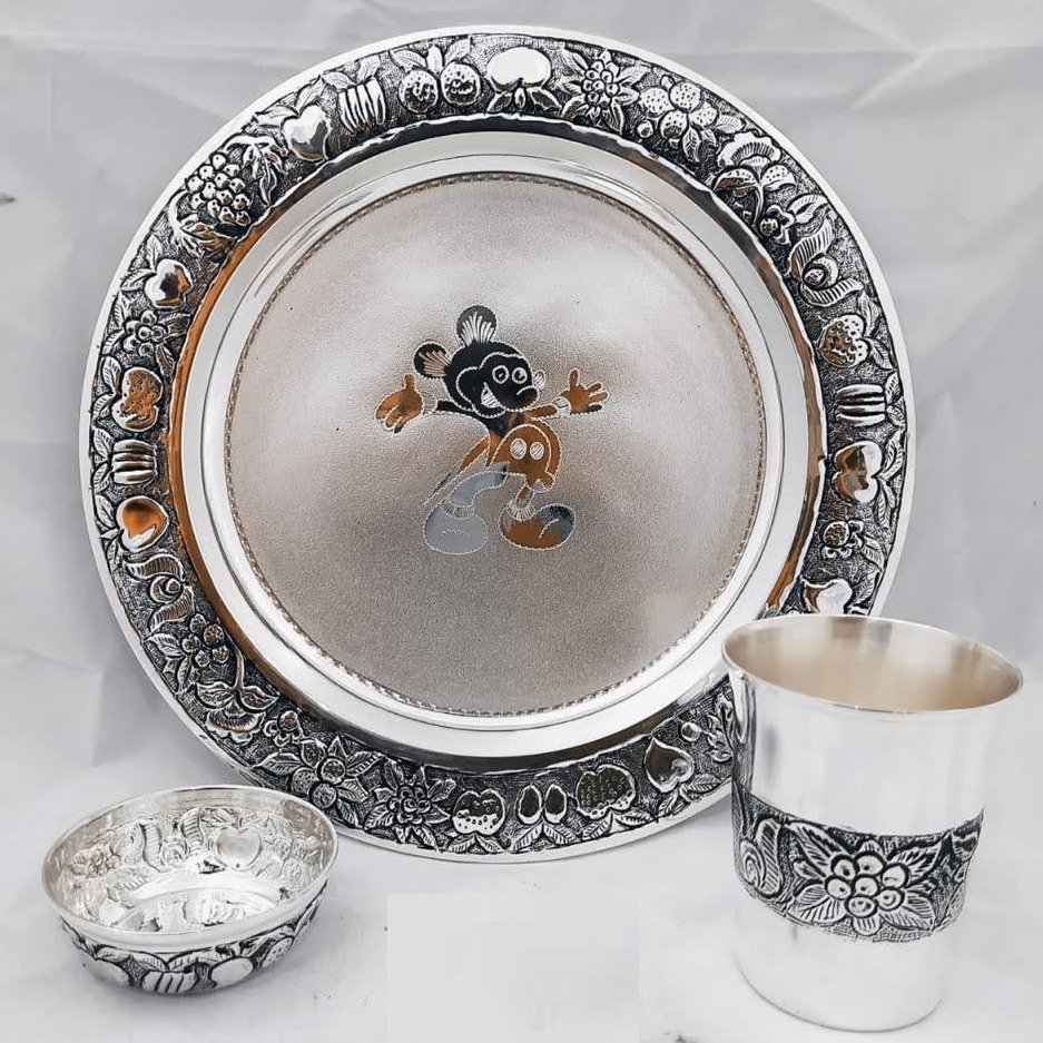 Puran pure silver baby mickey dinner set in antique finishing