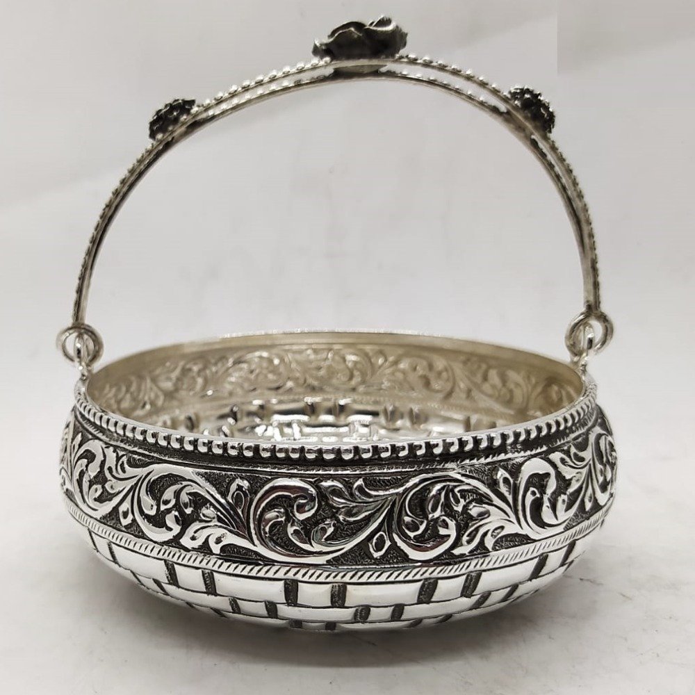 pure silver flower basket with stylish handle by puran