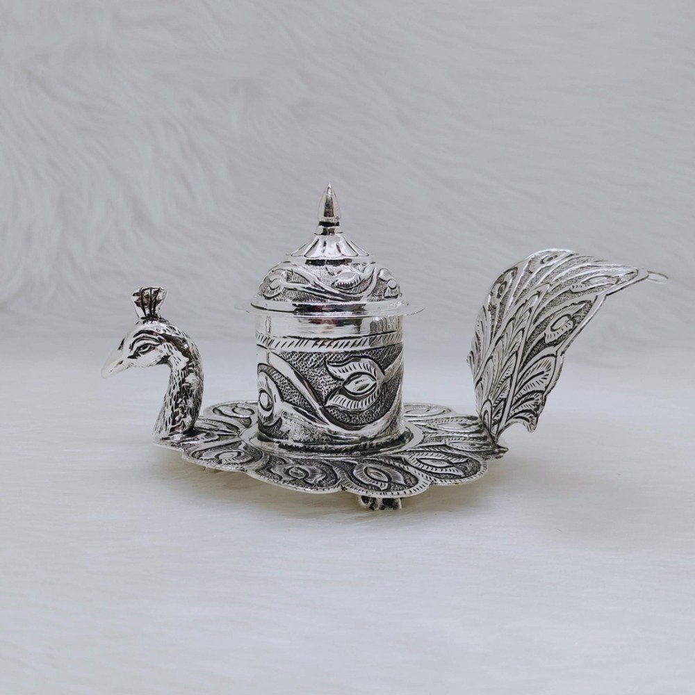 Hallmarked silver peacock shaped kumkum dibbi by puran