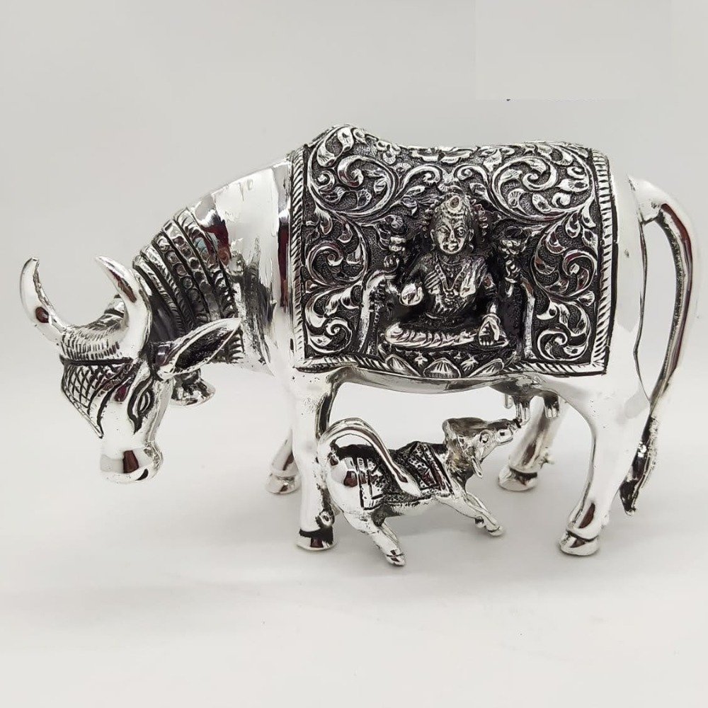 925 Pure Silver Cow & Calf In Antique Carvings PO-174-57