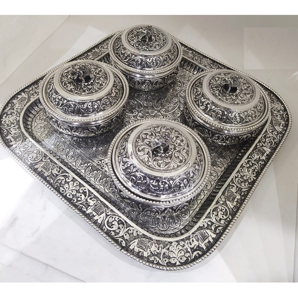 925 Pure Silver Stylish Antique Bharni And Tray Set PO-151-08