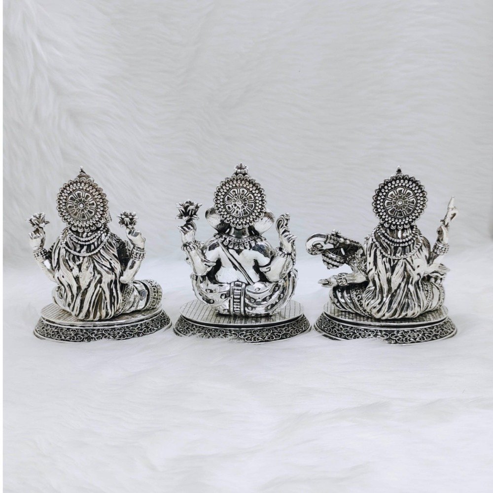Real silver laxmi ganesh saraswati idol in high antique fine work