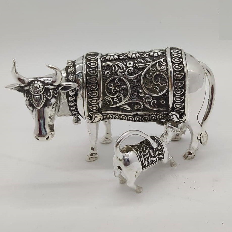 925 Pure Silver Cow & Calf In Antique Carvings PO-174-55