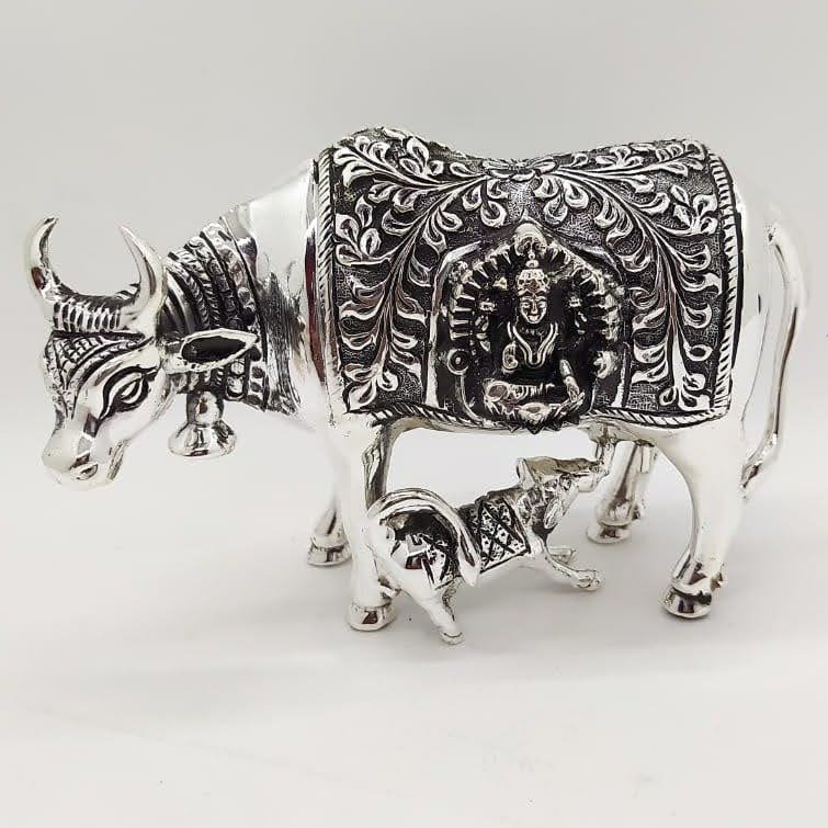 925 Pure Silver Cow & Calf In Antique Carvings PO-174-54