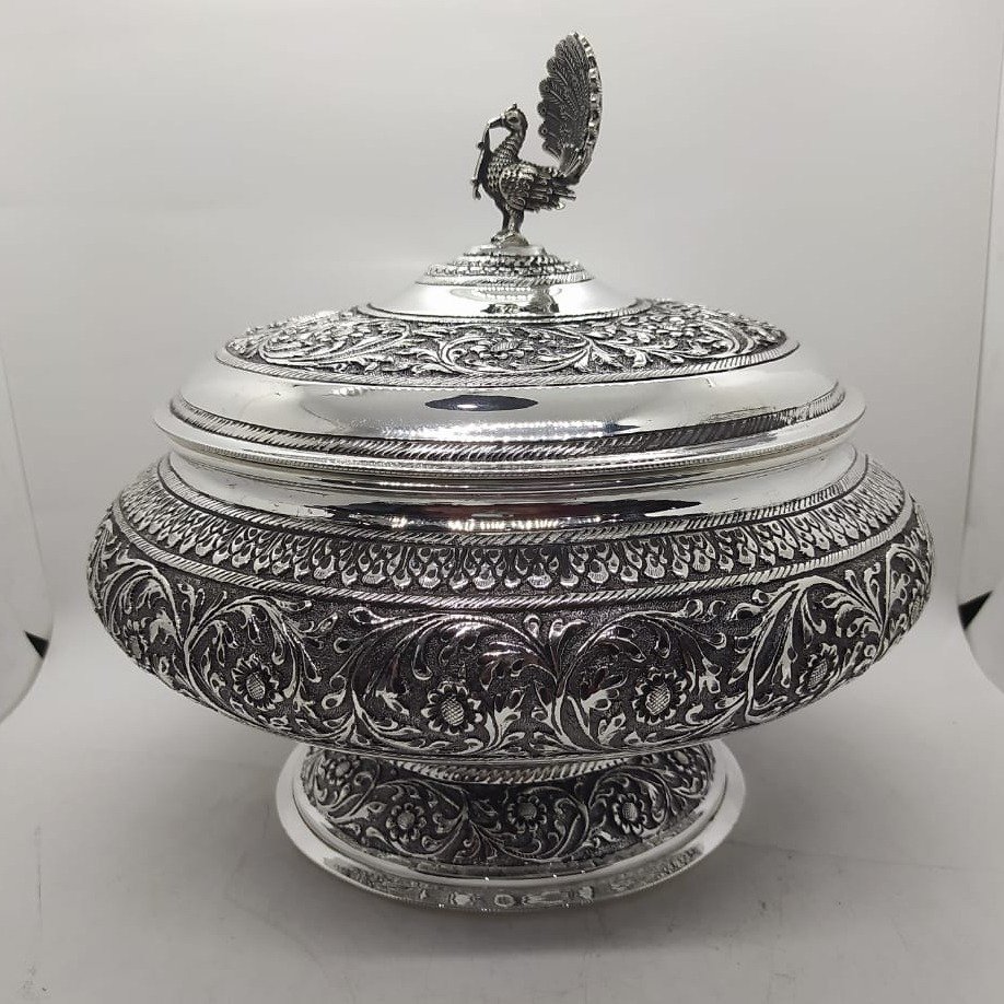 925 pure silver stylish serving bowl with pure silver cover po-147-13