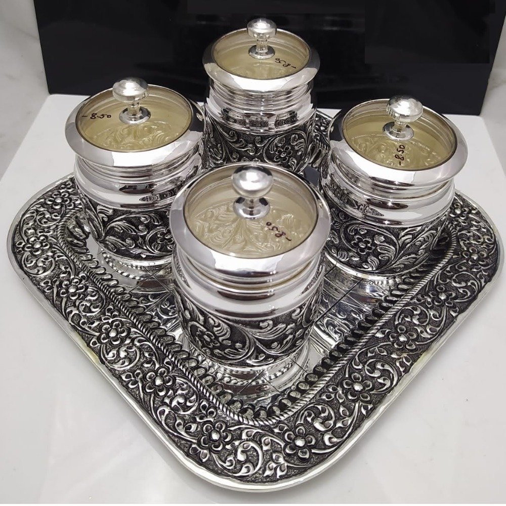 925 pure silver Stylish dry fruit Jars with Tray pO-151-06