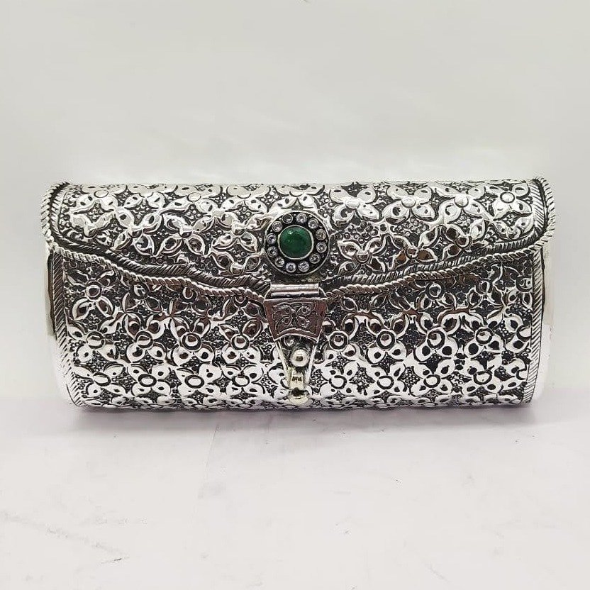 Designer Pure silver clutch in fine nakashi WIth Gemstone pO-164-19