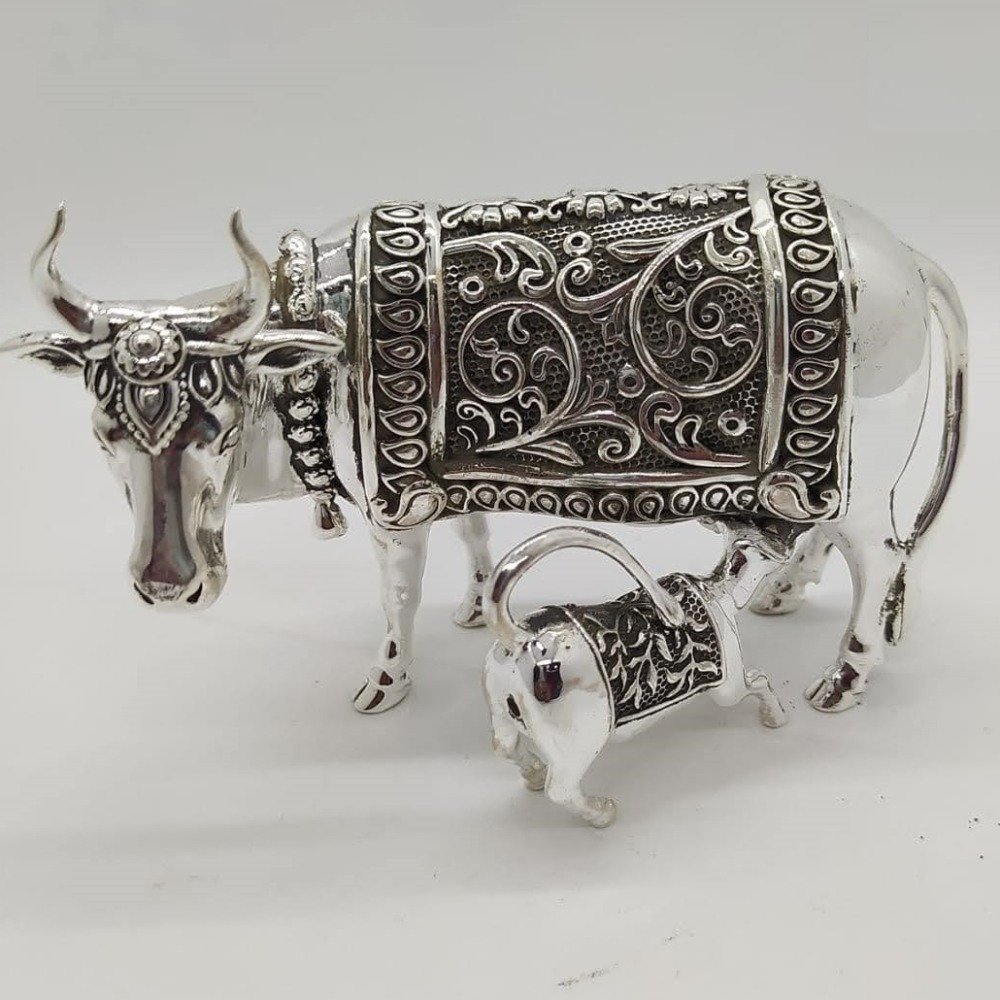 925 Pure Silver Cow & Calf In Antique Carvings PO-174-56