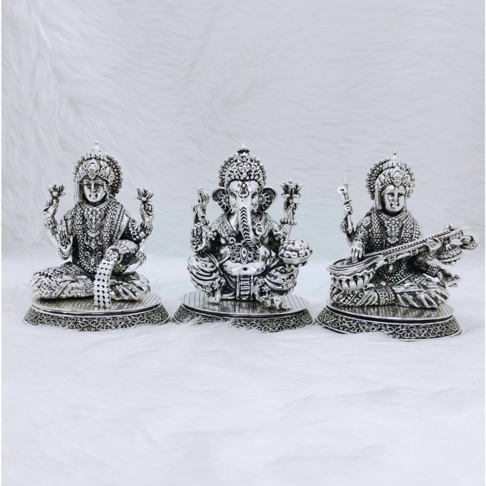 Real silver laxmi ganesh saraswati idol in high antique fine work