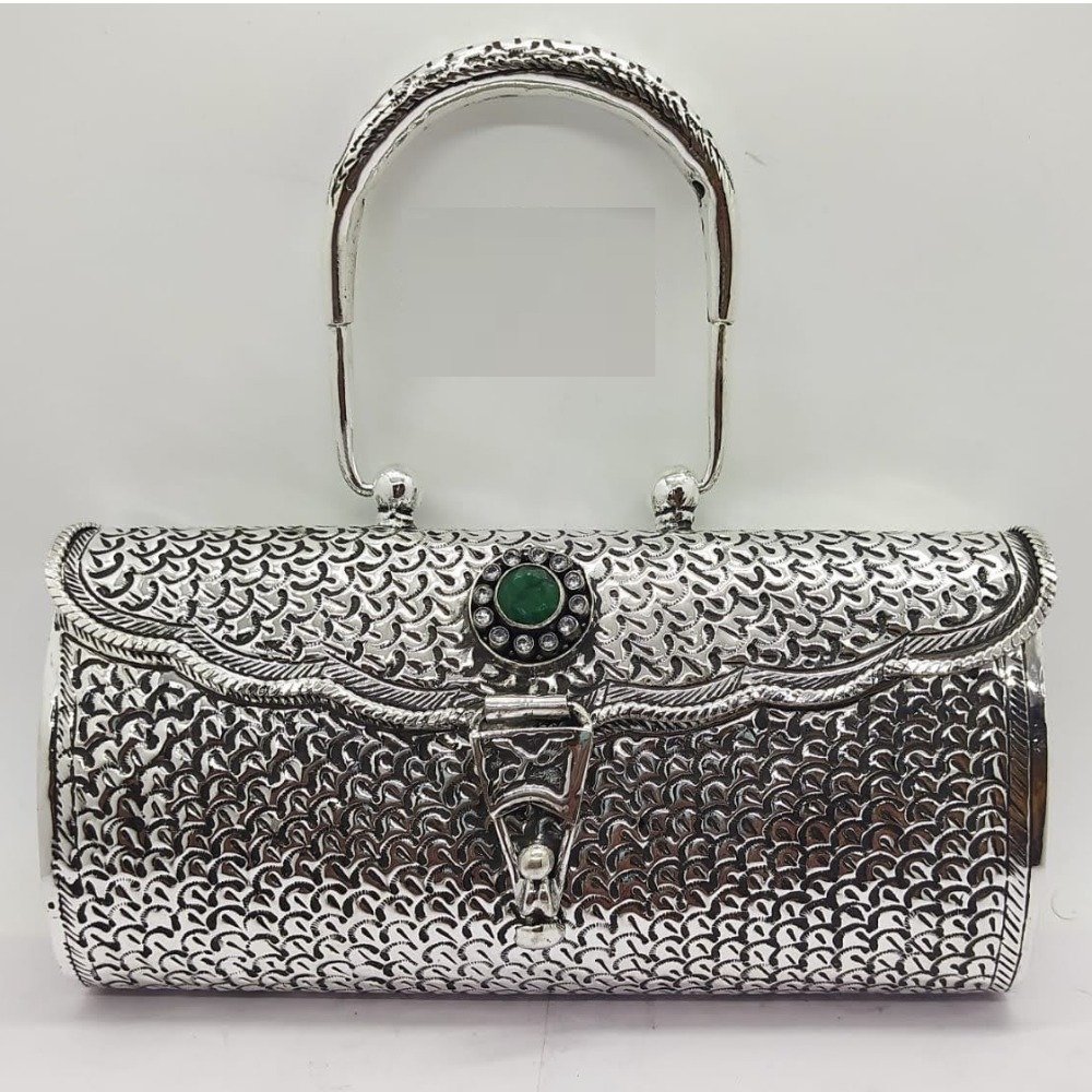 Pure silver clutch with handle in fine nakashi & gemstone po-164-20