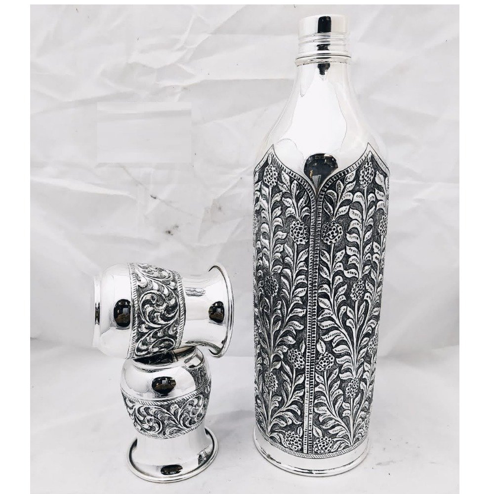 92.5 pure silver bottle and Glasses Set in fine antique pO-243-02