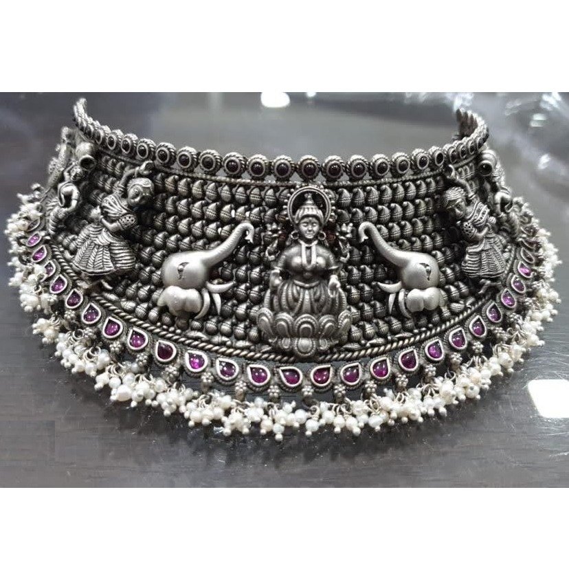 Pure Silver Temple Choker of GajLakshmi In Deep Carvings PO-216-50