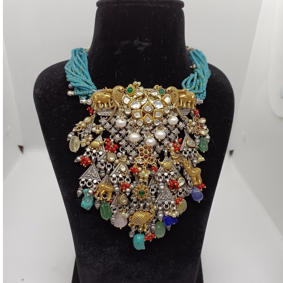 Unique silver Kundan nakhra necklace with Designer Motifs real pearls