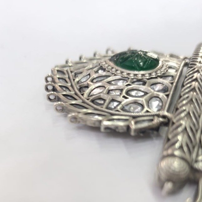 Pure Silver Designer Pendant In Carving Gemstones & Kundan PO-216-55