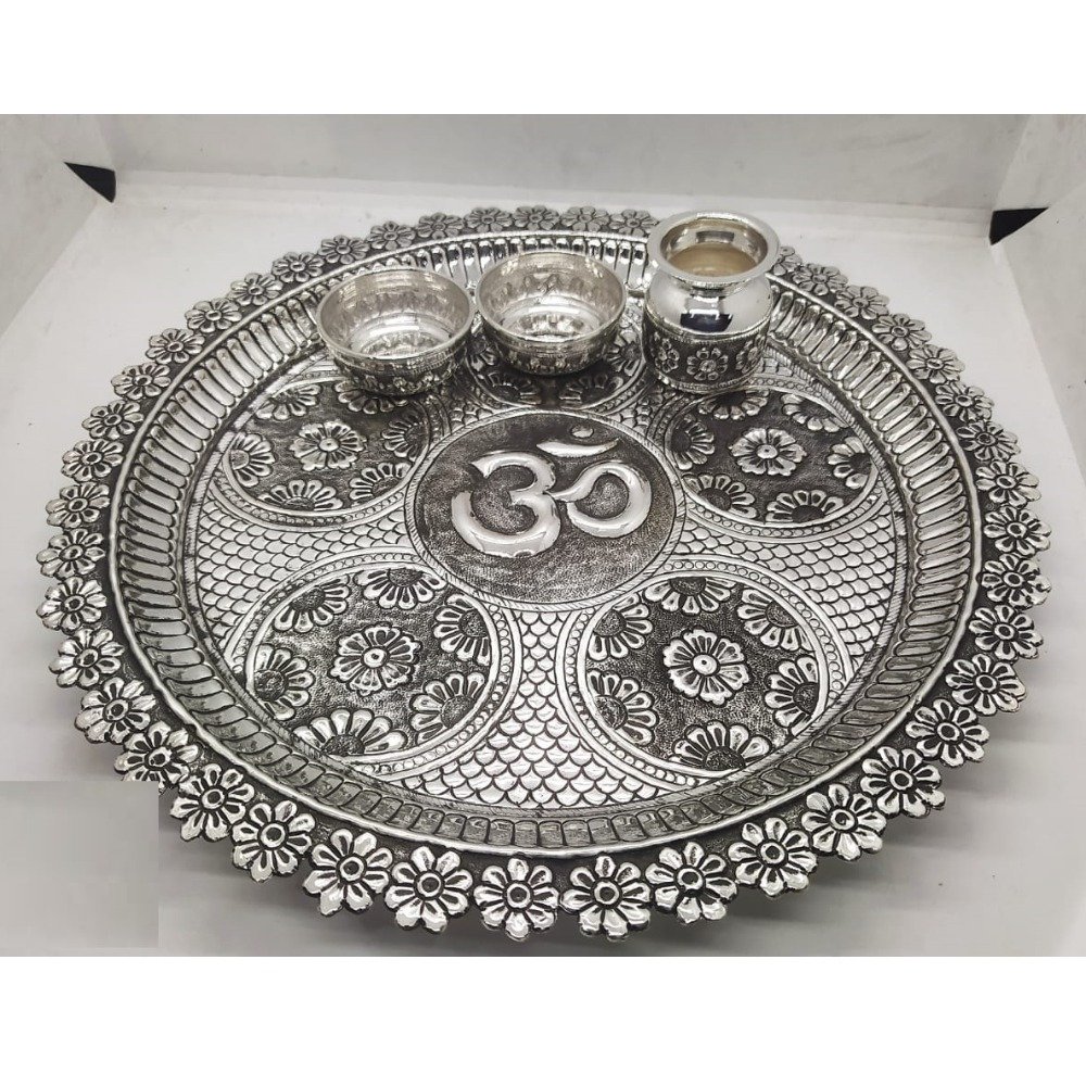 floral motifs carving pooja thali set in real silver by puran