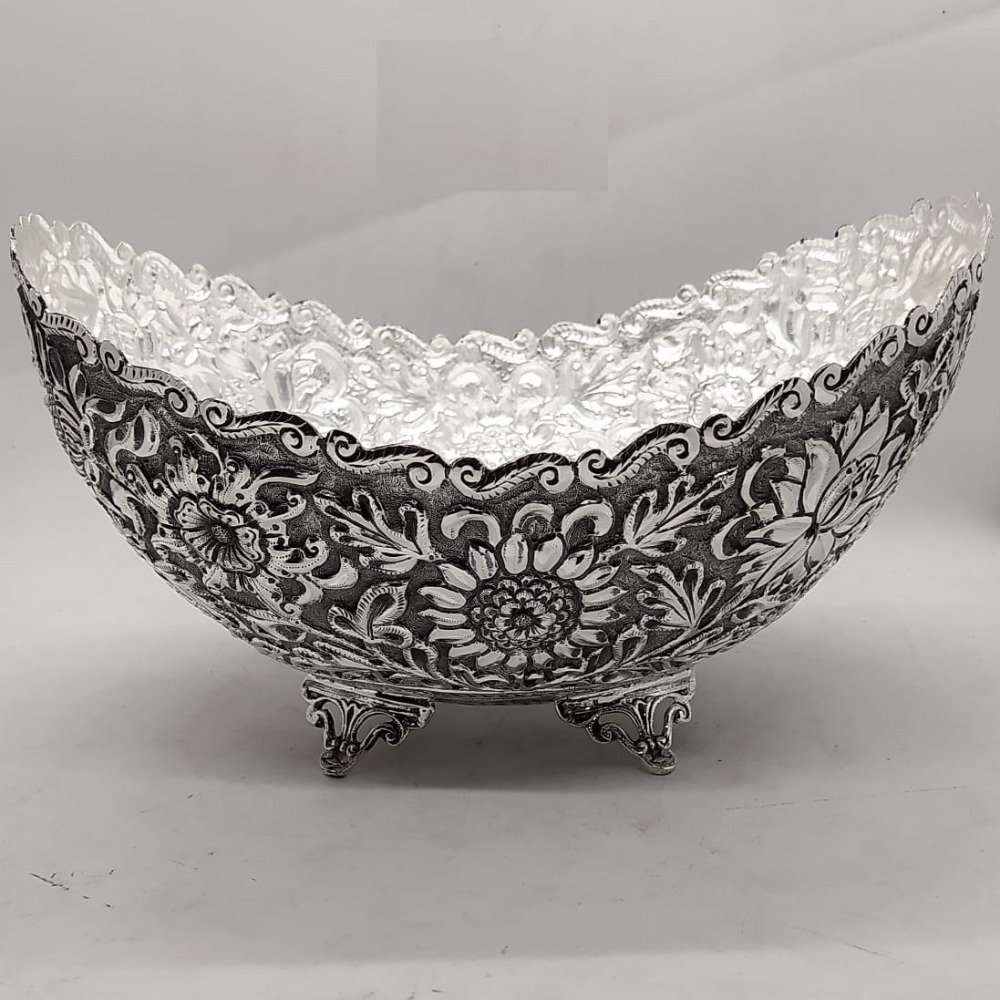 925 Pure Silver Designer Fruit & Flower Basket in Fine Carving.