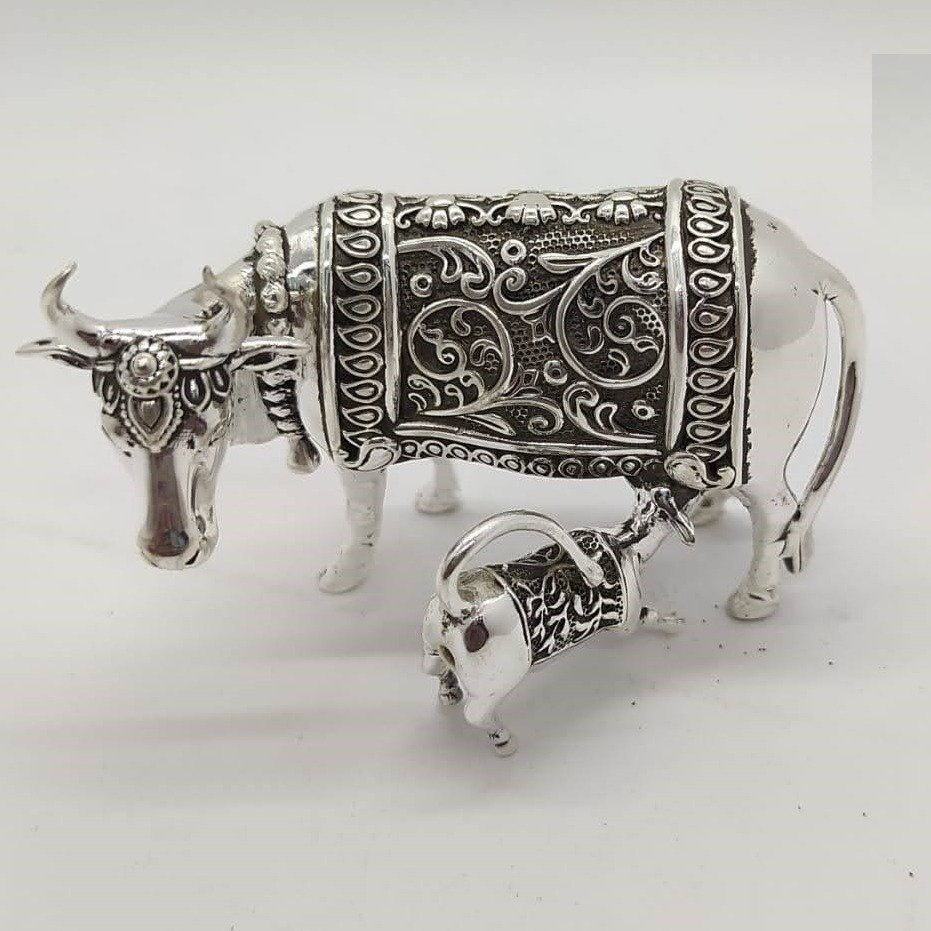 925 Pure Silver Cow & Calf In Antique Carvings PO-174-58
