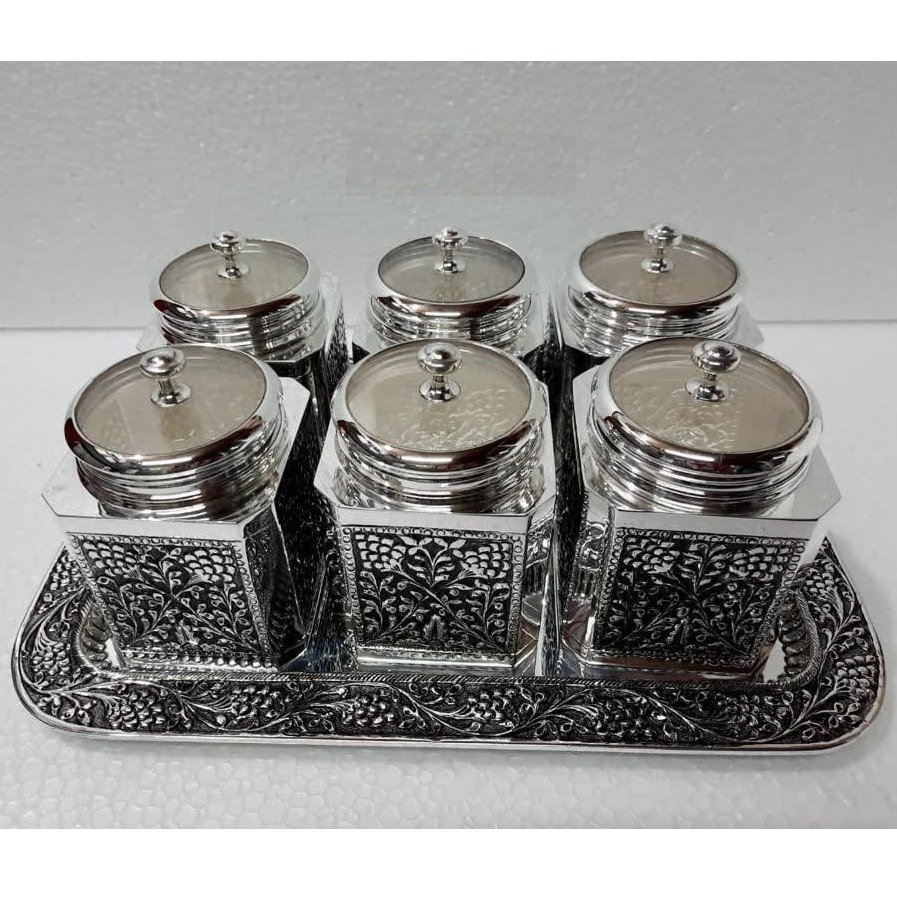 925 pure silver Stylish dry fruit boxes with tray 7pcs set pO-151-03
