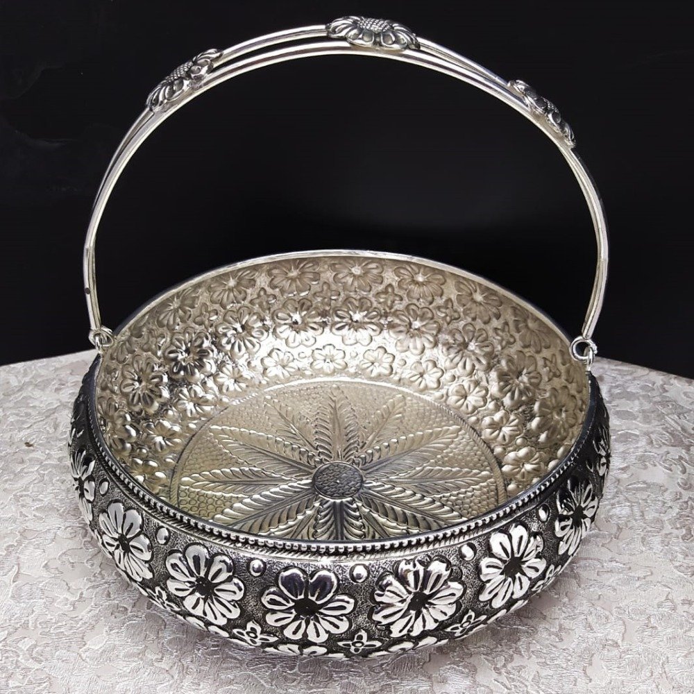 pure silver floral fruit basket in fine carving by puran.