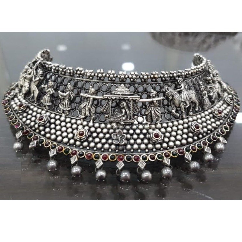 Pure Silver Choker on Doli & Barat Carvings in Antique PO-216-53