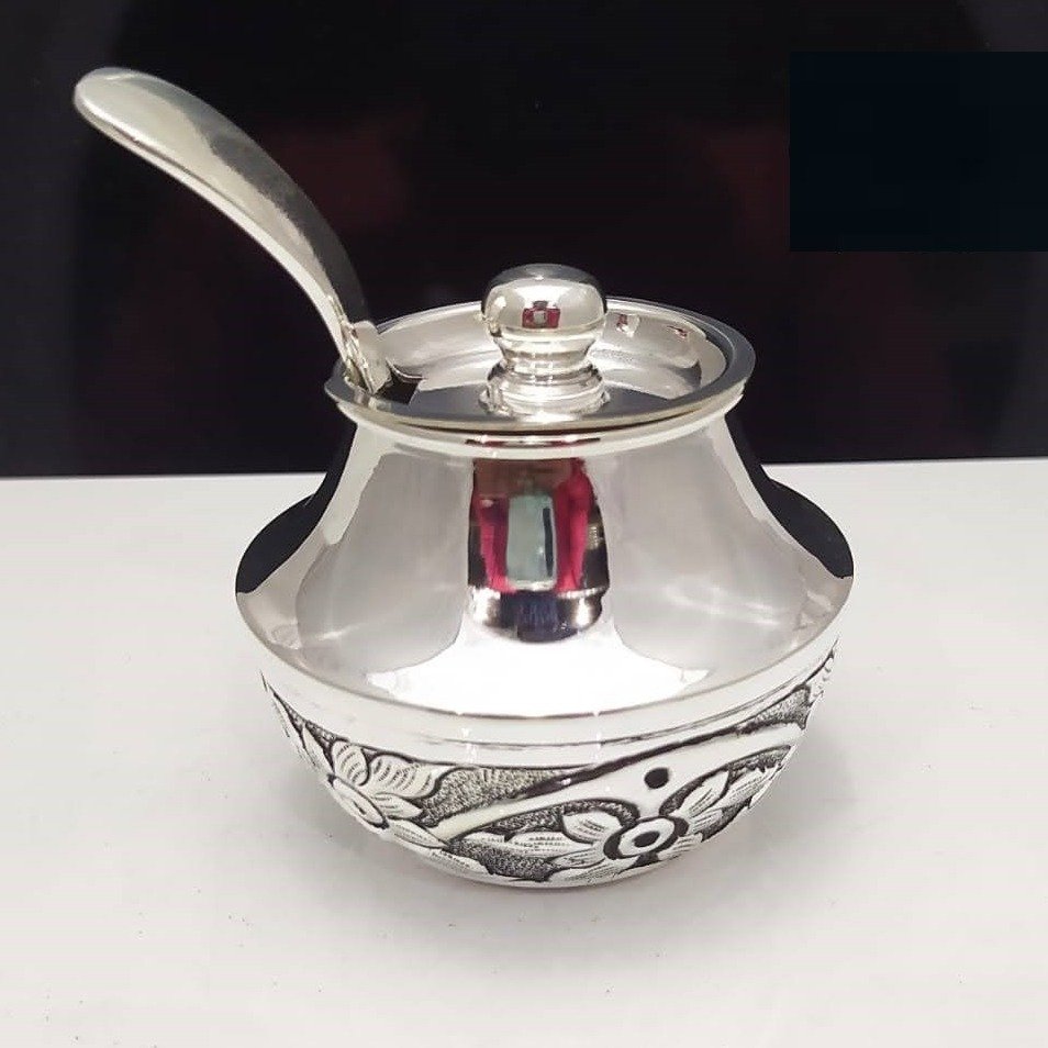 925 pure silver stylish ghee dani with spoon and lid pO-244-04