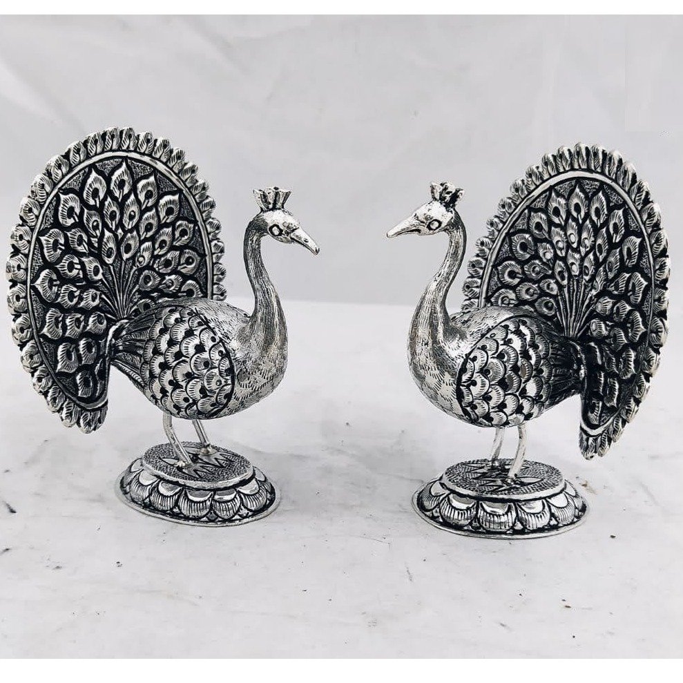 Pure SIlver Peacock Pair in Fine Antique Carvings PO-174-27