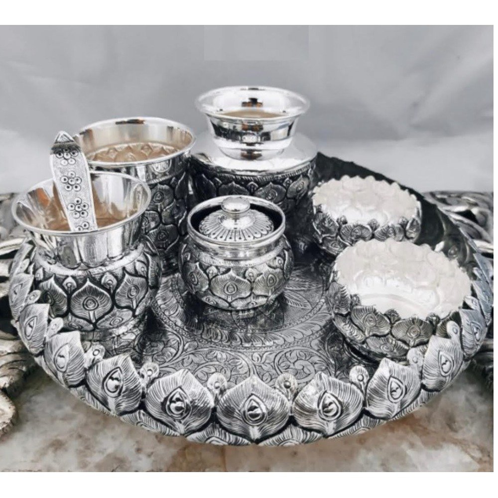 925 Pure Silver Arta Thali Set in Morr Pankh Nakashii PO-263-06