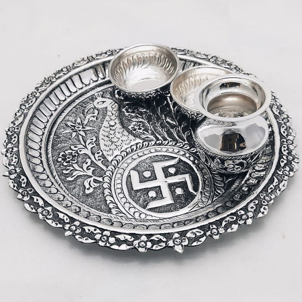 925 Pure Silver Antique Pooja Thali Set PO-263-19