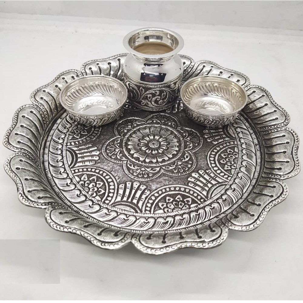 puran floral shaped aarta thali in hallmarked silver