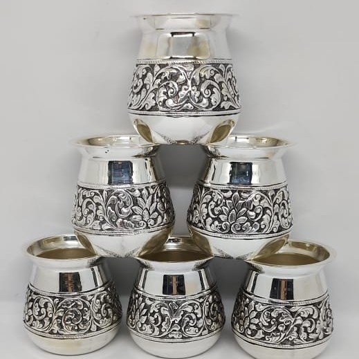 Pure silver kesar milk glasses in antique carvings (6pcs set)